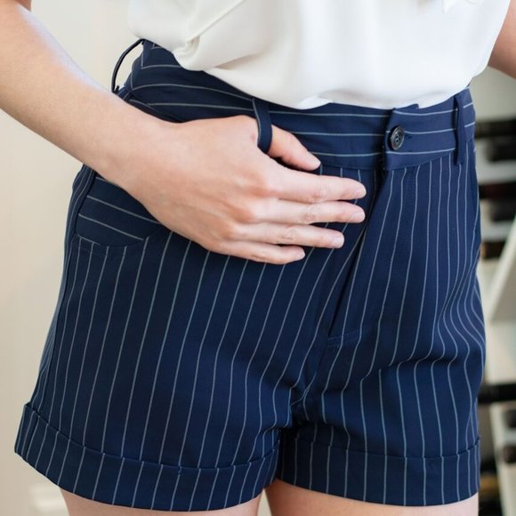 Navy Blue Pin Striped Shorts - Picture 2 of 3